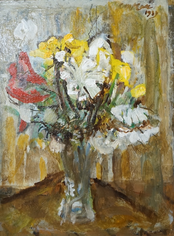 Charles McCall (Scottish, 1907-1989), 'The little vase of freesias', signed and indistinctly dated 1990, details and Christies, St. James, London, September 1995 label verso, 21 x 15cm, gilt frame